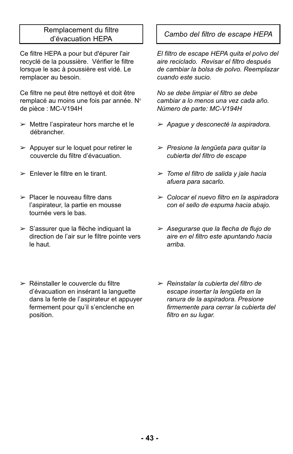 Remplacement du filtre d’évacuation hepa, Cambio del filtro de escape hepa | Panasonic MC-UL425 User Manual | Page 43 / 64