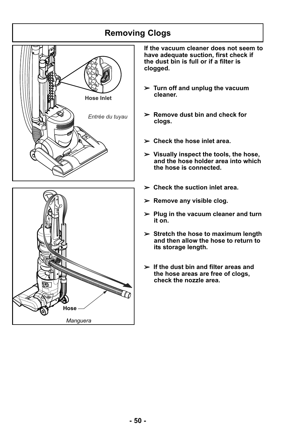 Removing clogs | Panasonic MC-UL425 User Manual | Page 50 / 64