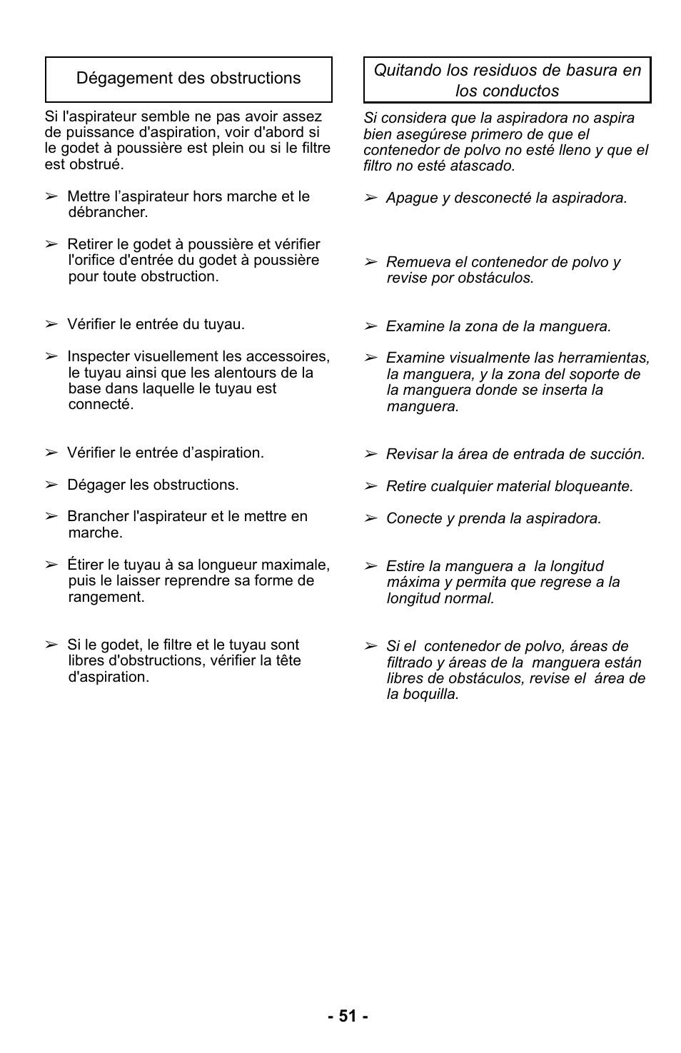 Dégagement des obstructions, Remover obstrucciones | Panasonic MC-UL425 User Manual | Page 51 / 64