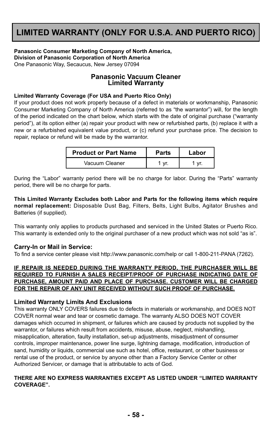 Warranty, Limited warranty (only for u.s.a. and puerto rico) | Panasonic MC-UL425 User Manual | Page 58 / 64