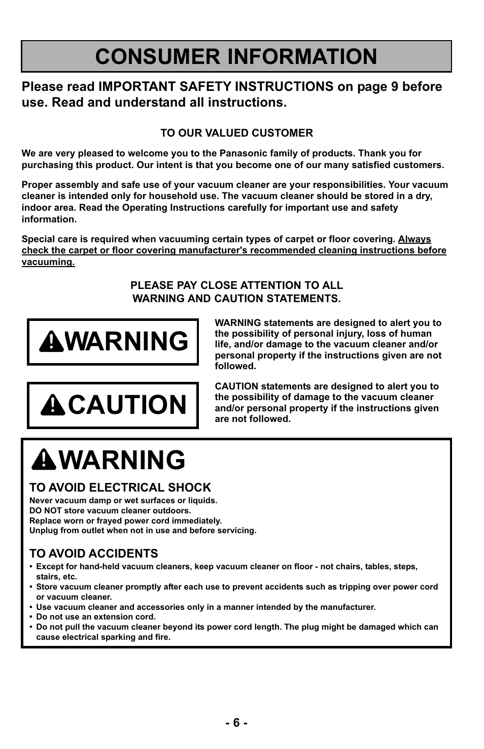 Consumer information, Warning, Caution | Panasonic MC-UL425 User Manual | Page 6 / 64