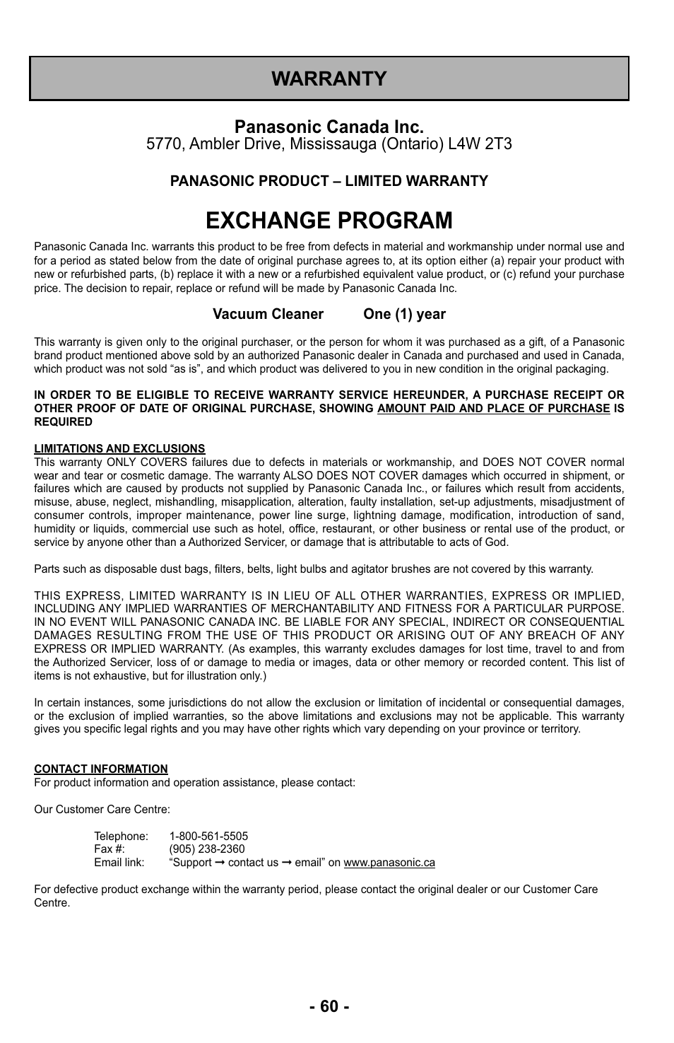 Exchange program, Warranty, Panasonic canada inc | Panasonic MC-UL425 User Manual | Page 60 / 64