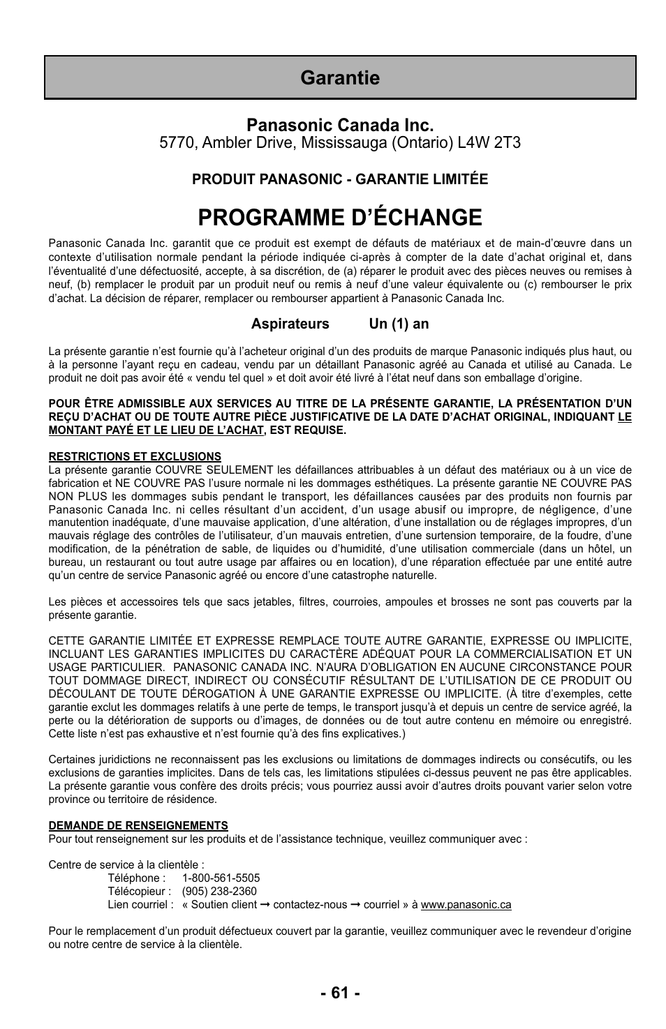 Garantie, Programme d’échange, Panasonic canada inc | Panasonic MC-UL425 User Manual | Page 61 / 64