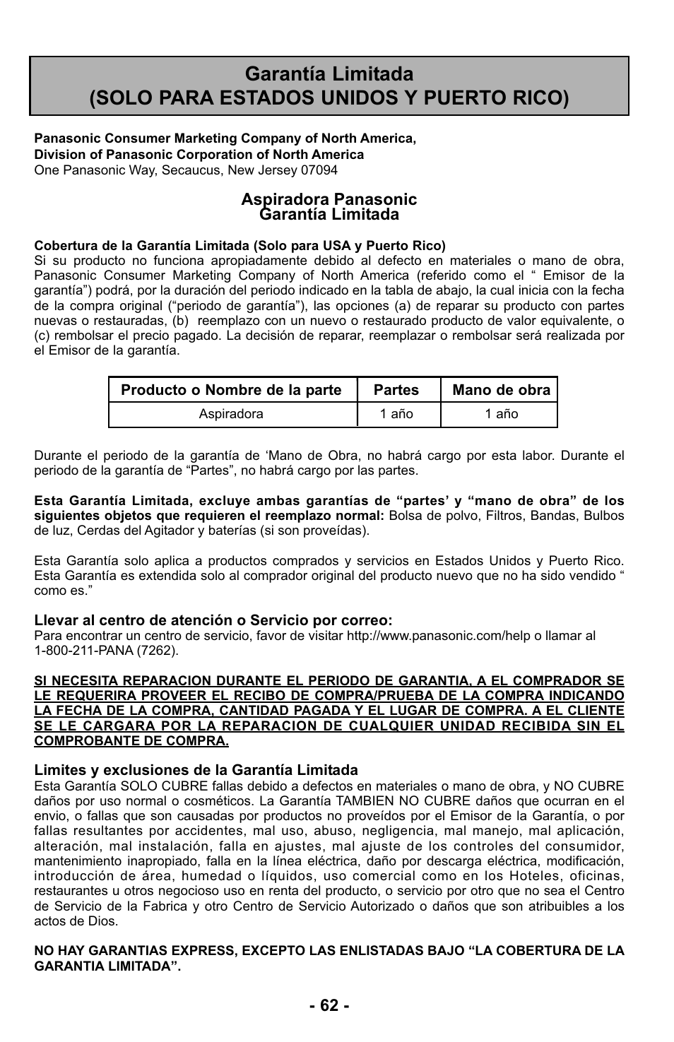 Garantía | Panasonic MC-UL425 User Manual | Page 62 / 64