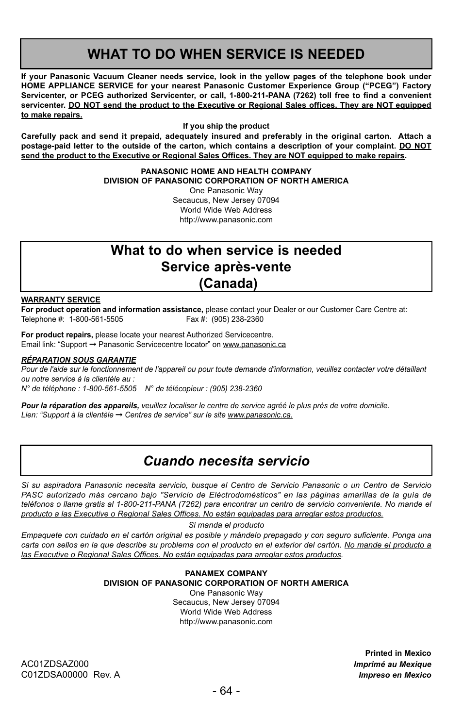 What to do when service is needed, Service après-vente, Cuando necesita servicio | Panasonic MC-UL425 User Manual | Page 64 / 64