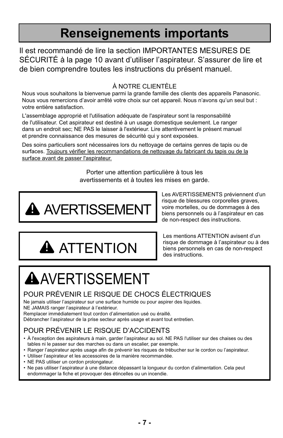 Renseignements importants, Avertissement, Attention | Panasonic MC-UL425 User Manual | Page 7 / 64