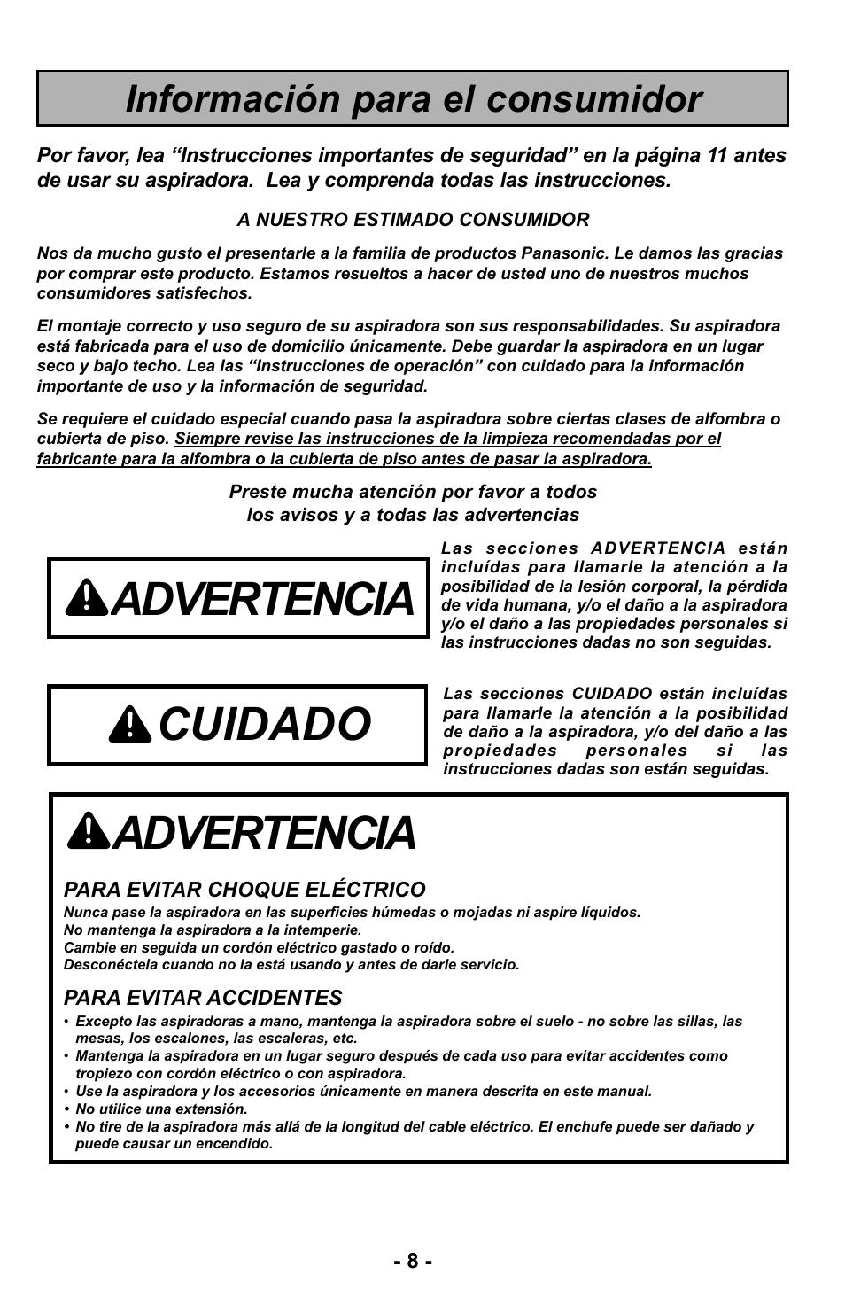 Información para el consumidor, Advertencia, Cuidado | Panasonic MC-UL425 User Manual | Page 8 / 64