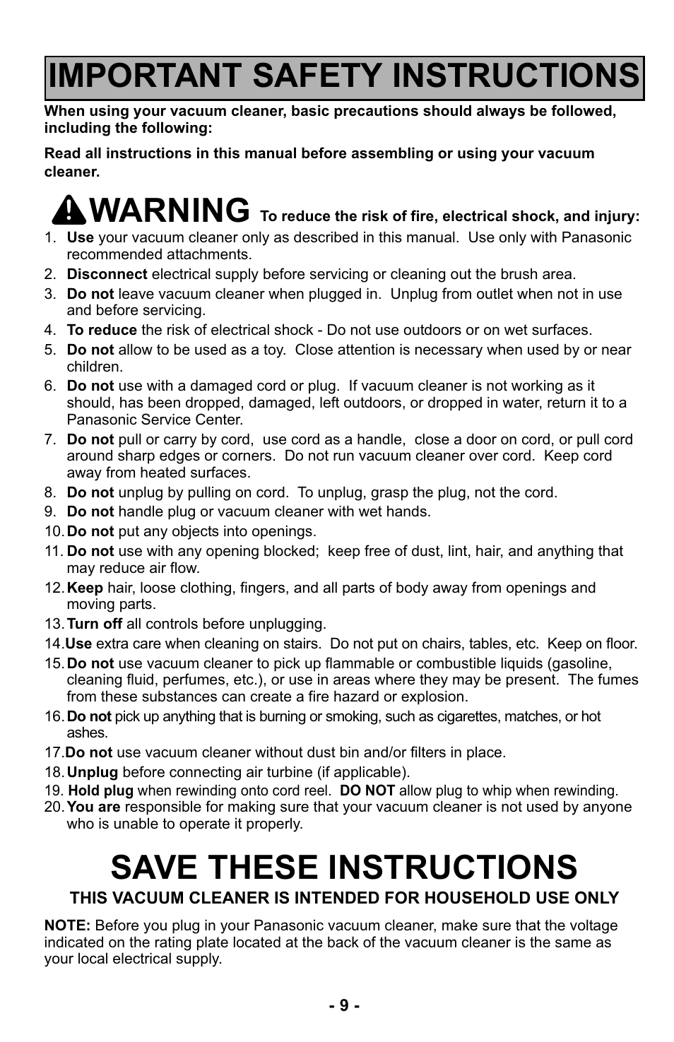 Important safety instructions, Warning, Save these instructions | Panasonic MC-UL425 User Manual | Page 9 / 64