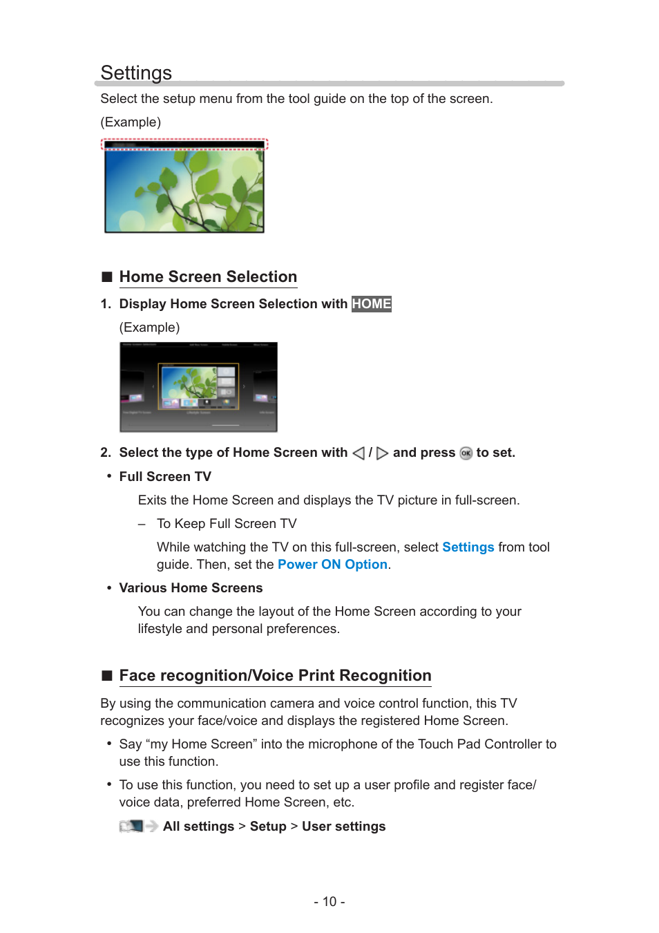 Settings, Settings 10, Home screen selection | Face recognition/voice print recognition | Panasonic TC-60AS640U User Manual | Page 10 / 171