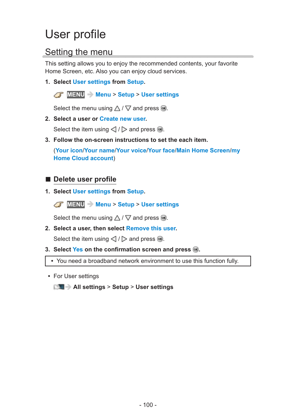 User profile, Setting the menu, Delete user profile | Panasonic TC-60AS640U User Manual | Page 100 / 171