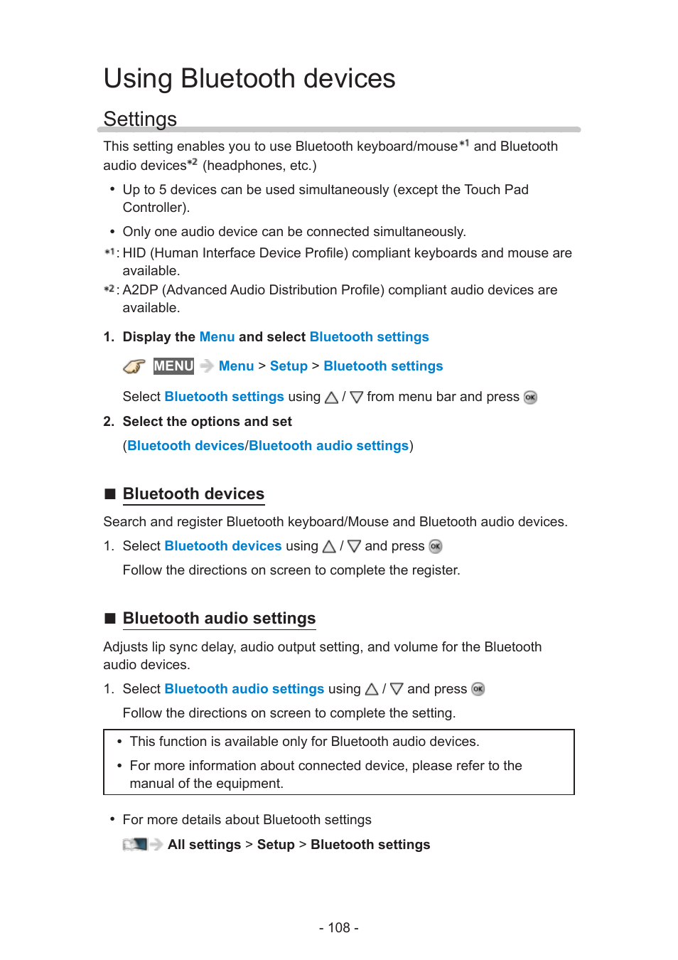 Using bluetooth devices, Settings, Settings 108 | Bluetooth devices, Bluetooth audio settings | Panasonic TC-60AS640U User Manual | Page 108 / 171