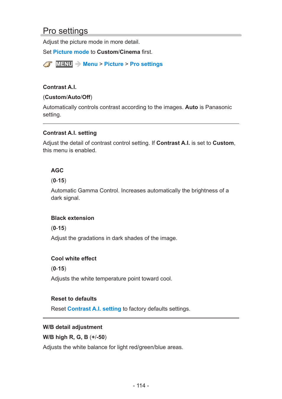 Pro settings, Pro settings 114 | Panasonic TC-60AS640U User Manual | Page 114 / 171