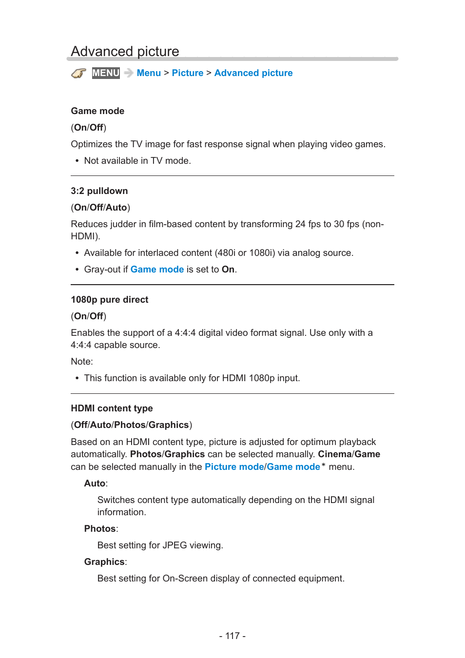 Advanced picture, Advanced picture 117 | Panasonic TC-60AS640U User Manual | Page 117 / 171