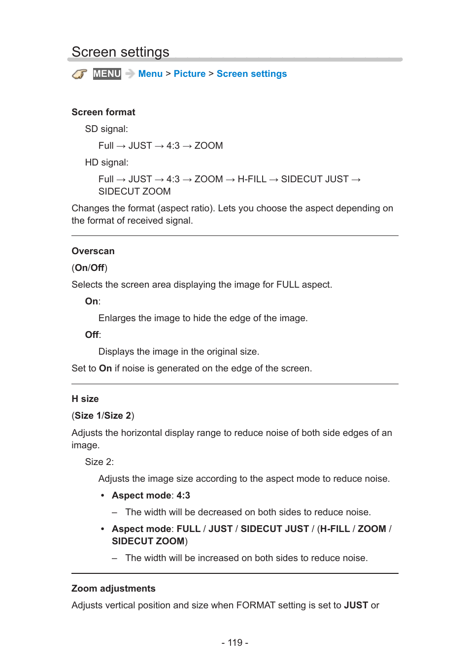 Screen settings | Panasonic TC-60AS640U User Manual | Page 119 / 171