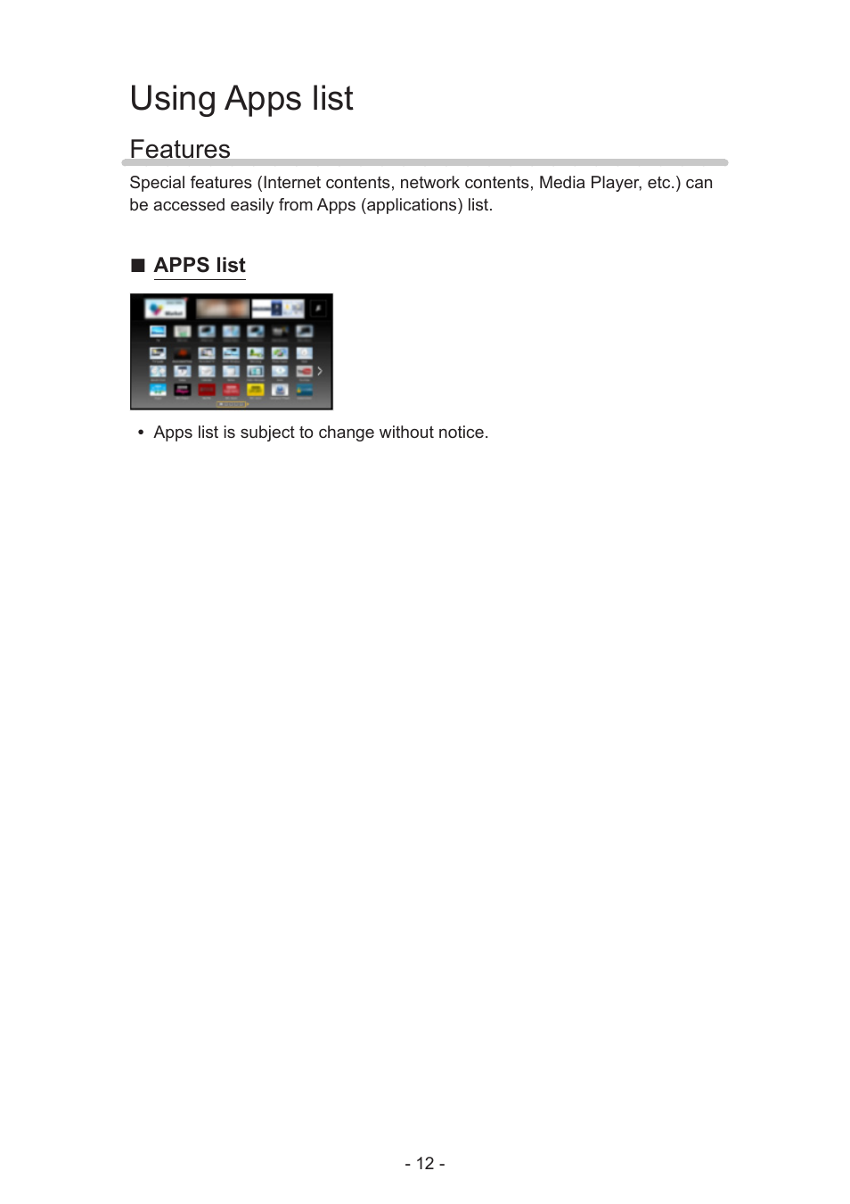 Using apps list, Features, Features 12 | Panasonic TC-60AS640U User Manual | Page 12 / 171