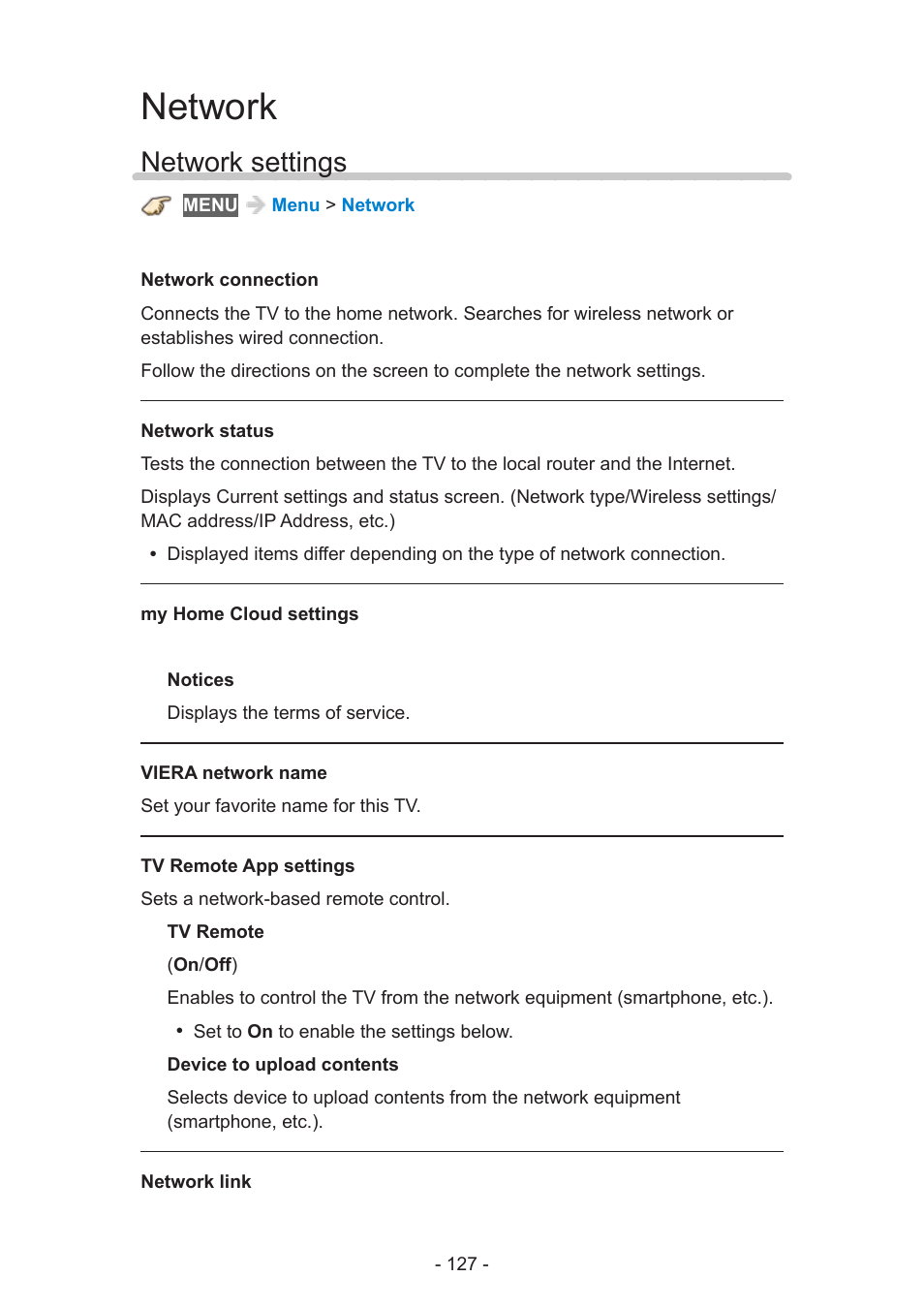 Network, Network settings | Panasonic TC-60AS640U User Manual | Page 127 / 171
