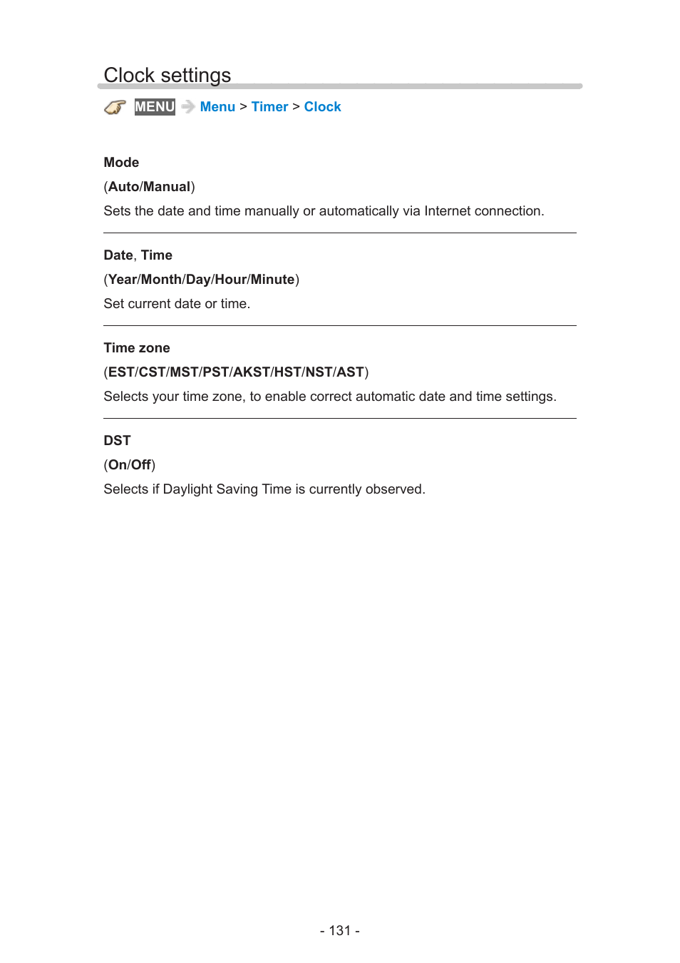 Clock settings | Panasonic TC-60AS640U User Manual | Page 131 / 171