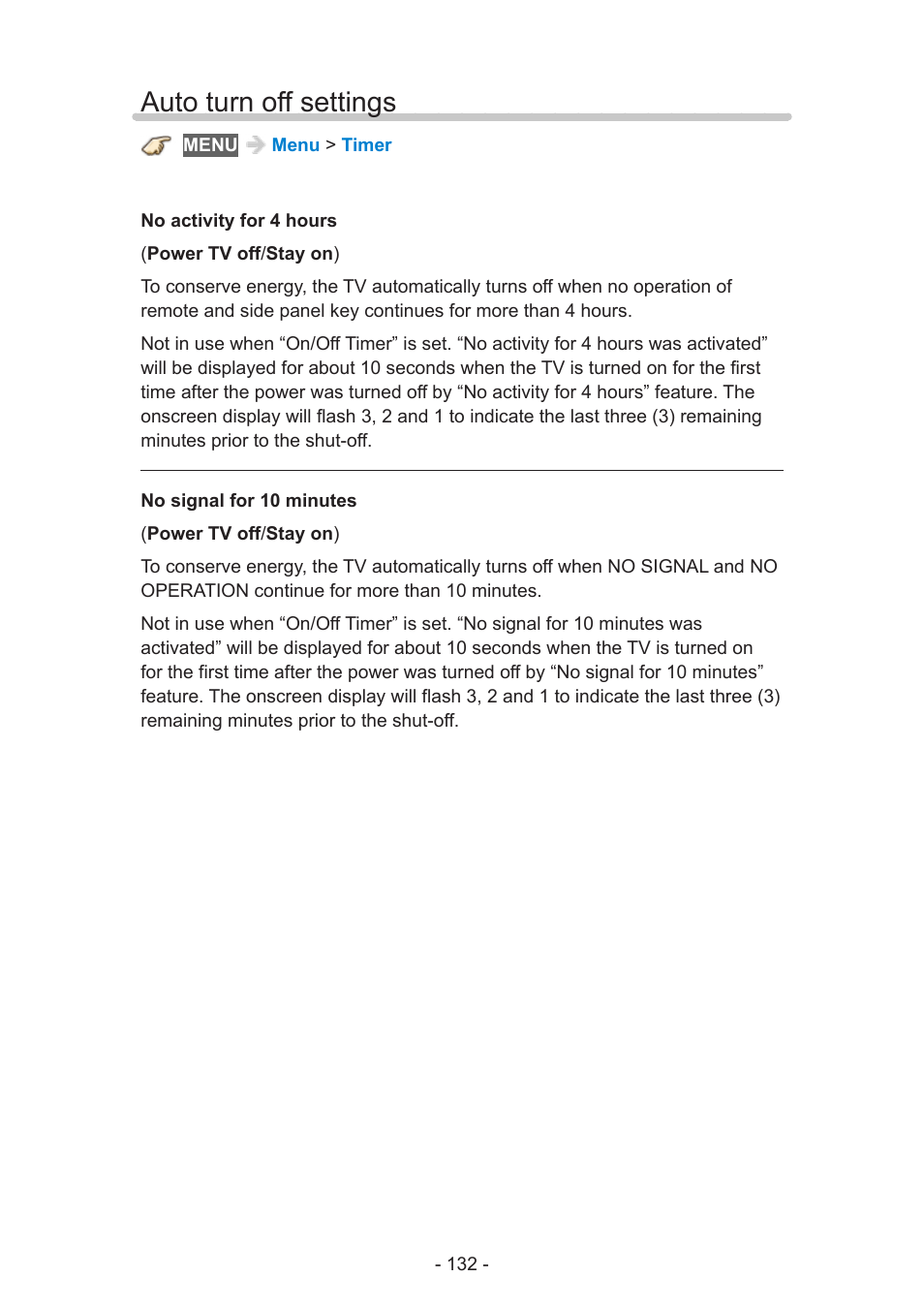 Auto turn off settings | Panasonic TC-60AS640U User Manual | Page 132 / 171