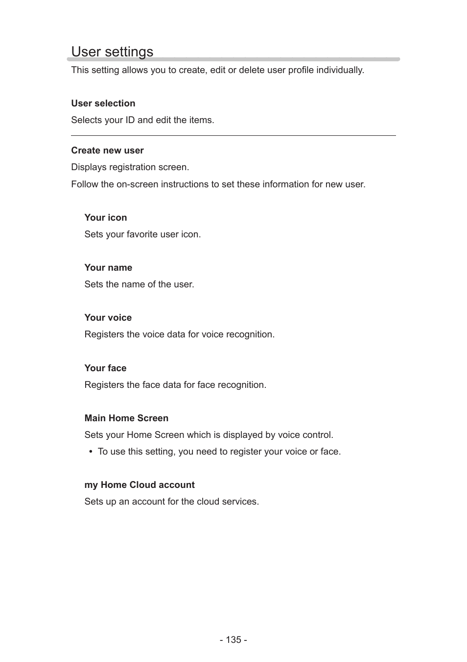 User settings, User settings 135 | Panasonic TC-60AS640U User Manual | Page 135 / 171