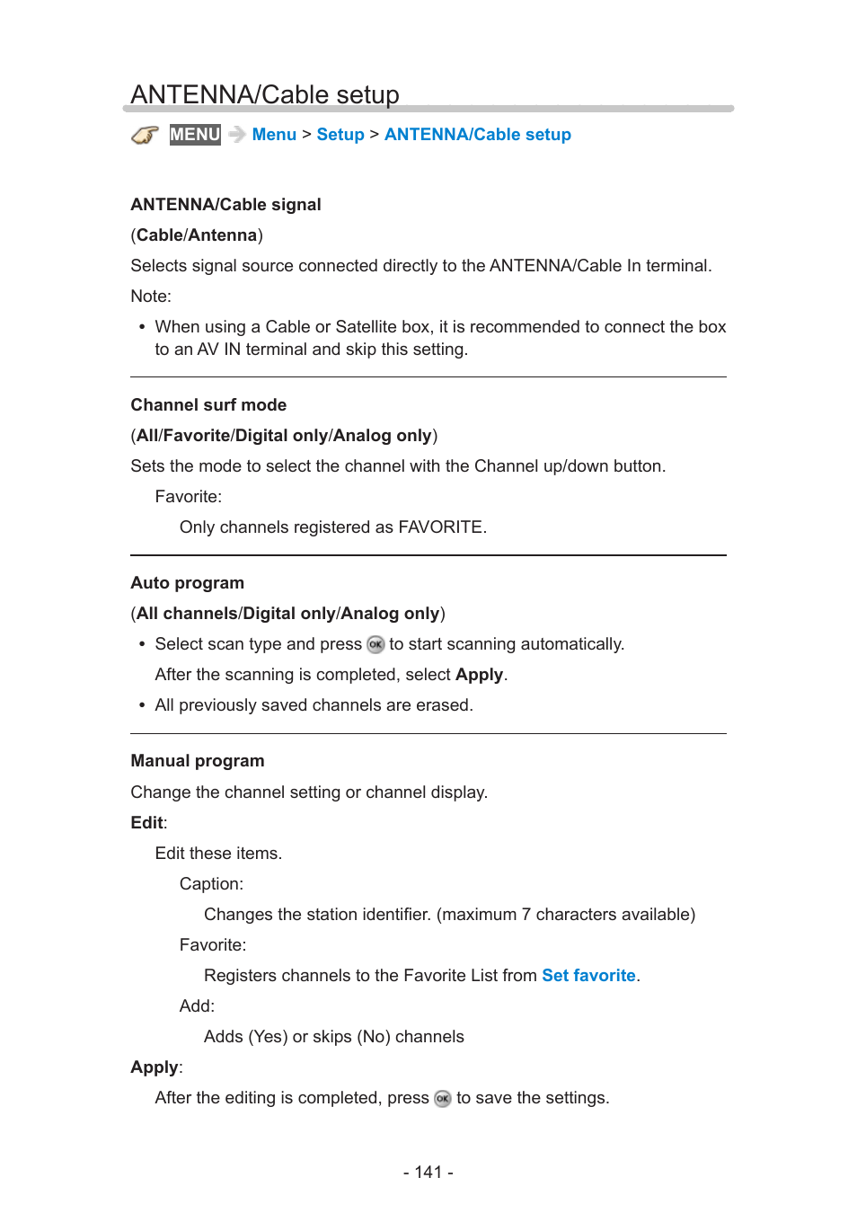 Antenna/cable setup, Antenna/cable setup 141 | Panasonic TC-60AS640U User Manual | Page 141 / 171