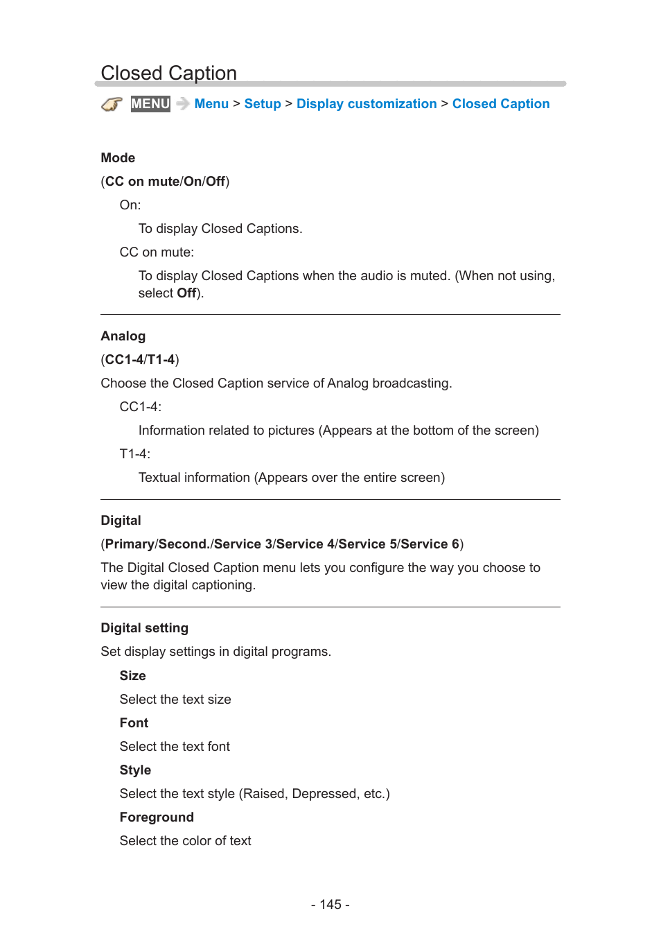 Closed caption, Closed caption 145 | Panasonic TC-60AS640U User Manual | Page 145 / 171