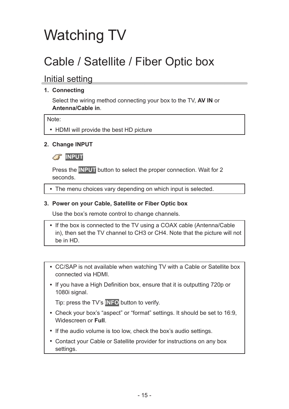 Watching tv, Cable / satellite / fiber optic box, Initial setting | Panasonic TC-60AS640U User Manual | Page 15 / 171