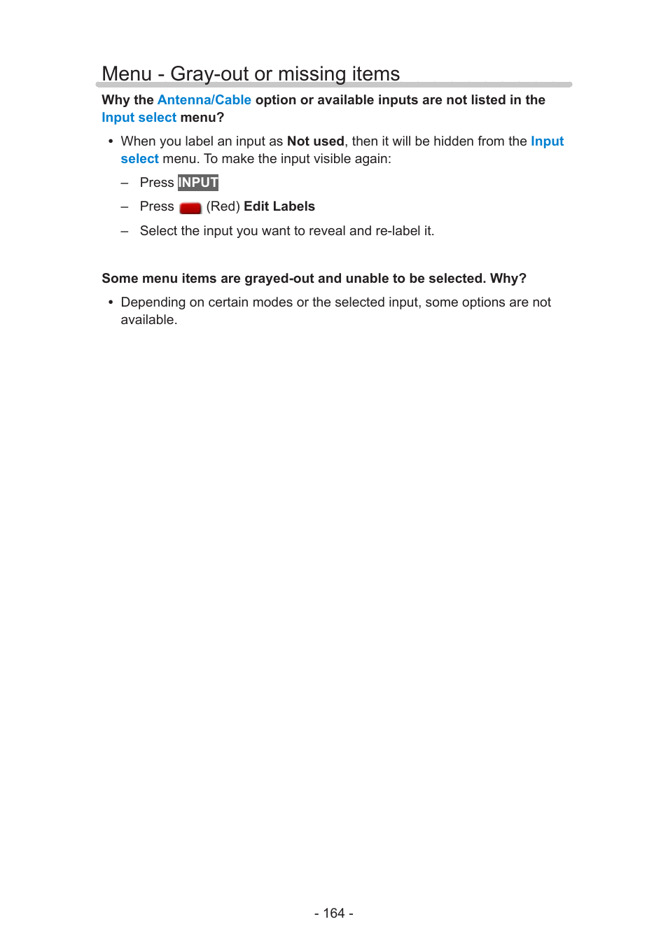 Menu - gray-out or missing items | Panasonic TC-60AS640U User Manual | Page 164 / 171