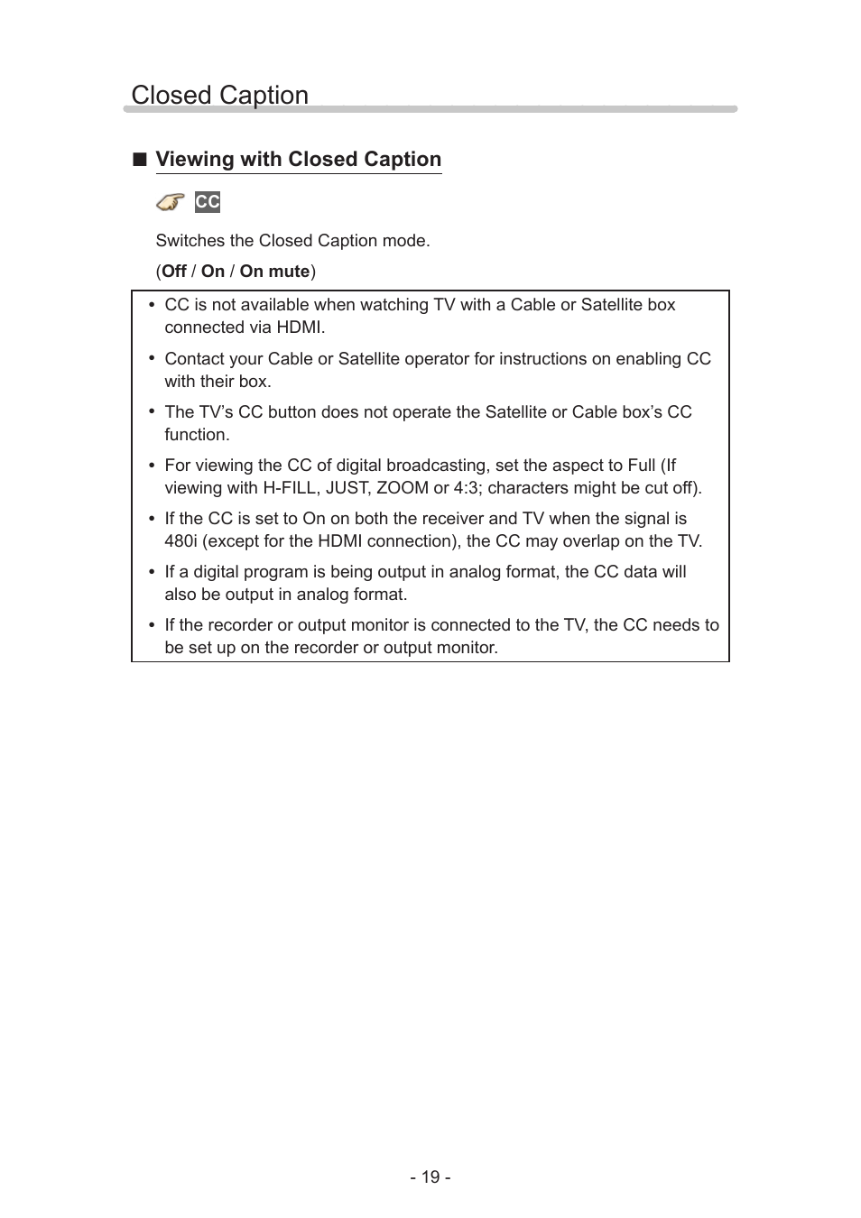 Closed caption, Closed caption 19, Viewing with closed caption | Panasonic TC-60AS640U User Manual | Page 19 / 171