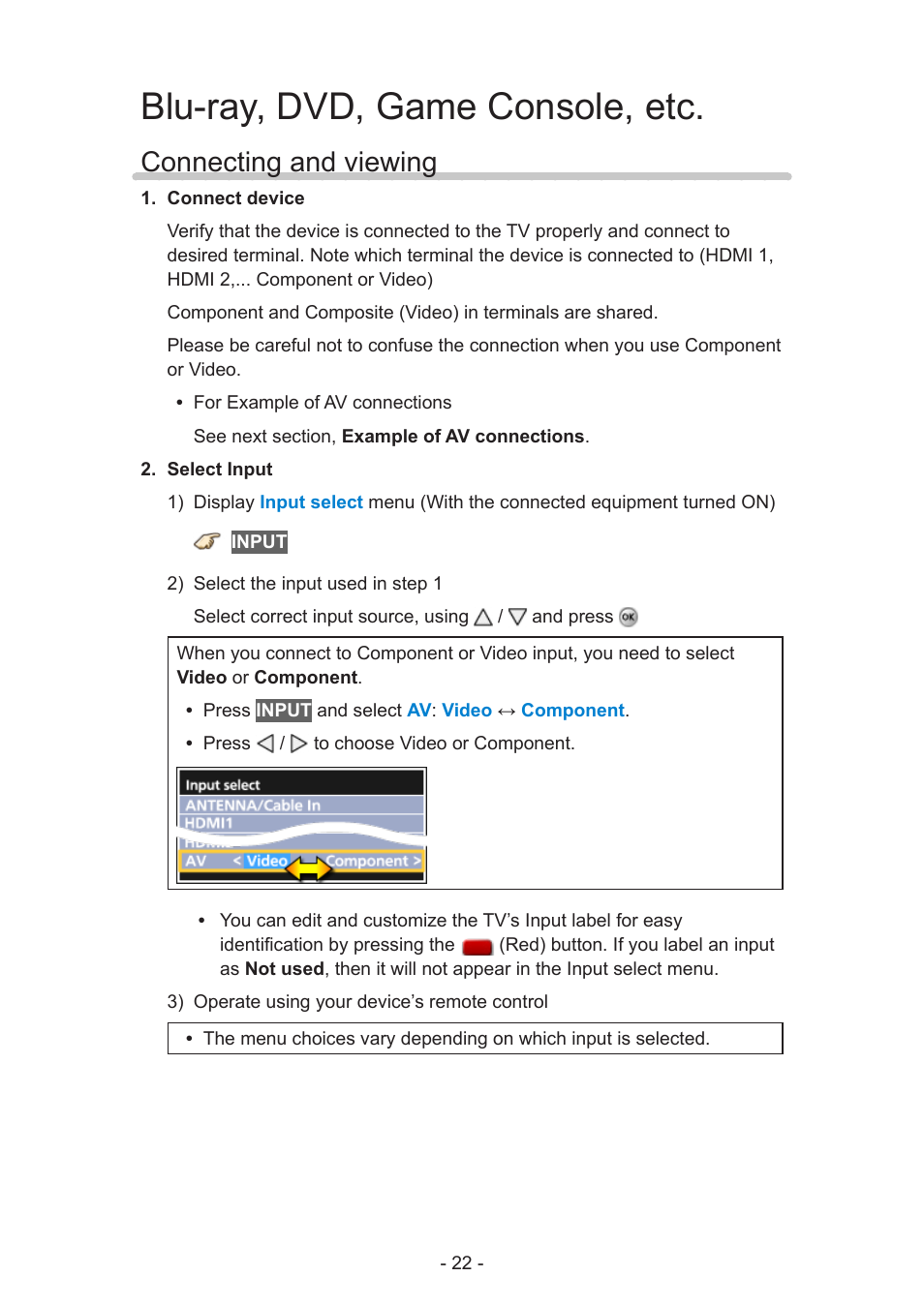 Blu-ray, dvd, game console, etc, Connecting and viewing | Panasonic TC-60AS640U User Manual | Page 22 / 171