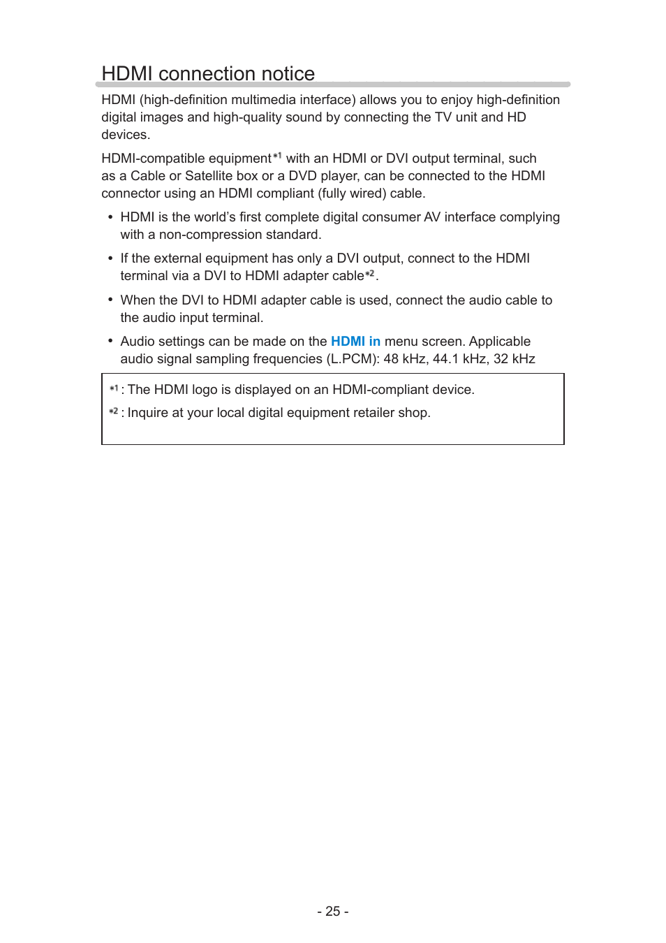 Hdmi connection notice | Panasonic TC-60AS640U User Manual | Page 25 / 171