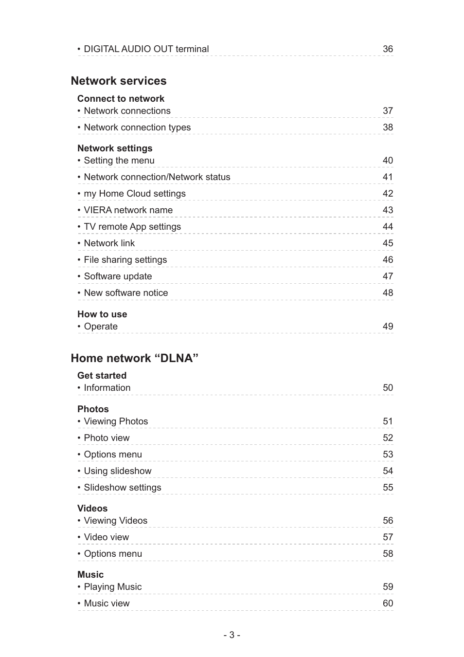 Network services, Home network “dlna | Panasonic TC-60AS640U User Manual | Page 3 / 171