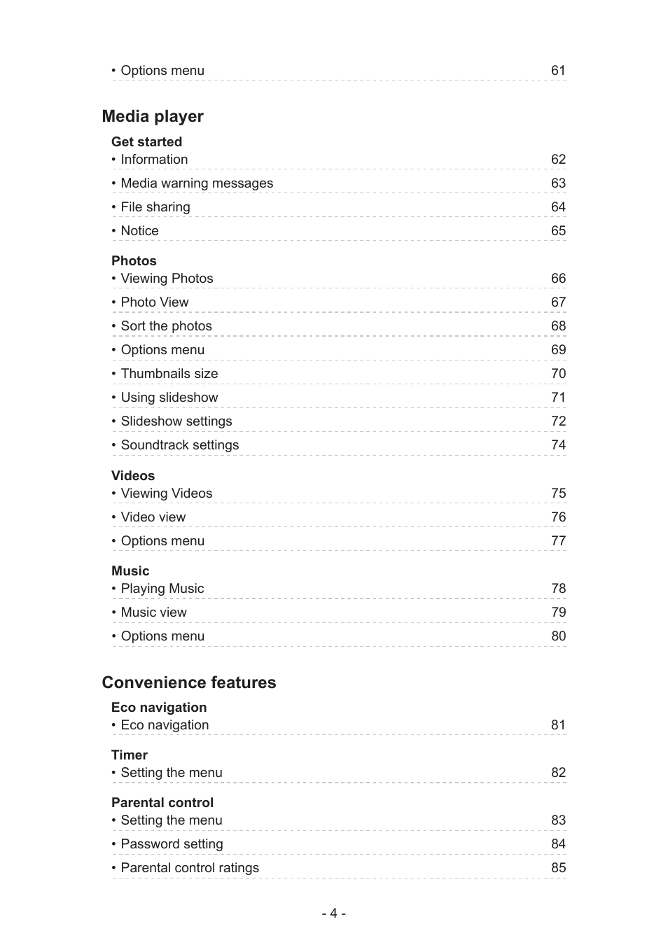 Media player, Convenience features | Panasonic TC-60AS640U User Manual | Page 4 / 171
