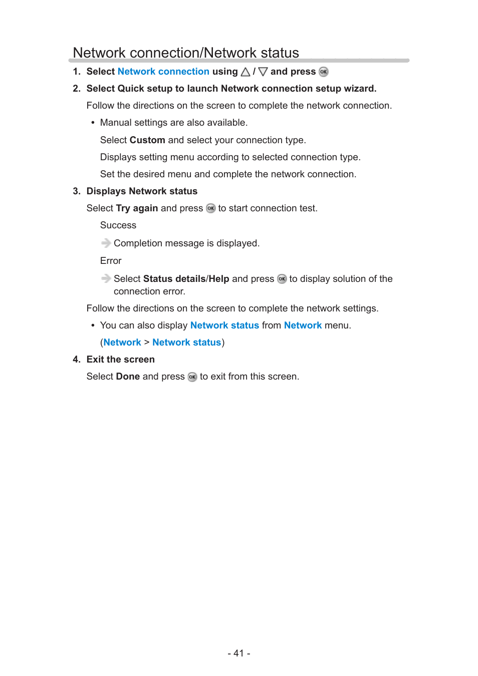 Network connection/network status, Network connection/network status 41 | Panasonic TC-60AS640U User Manual | Page 41 / 171