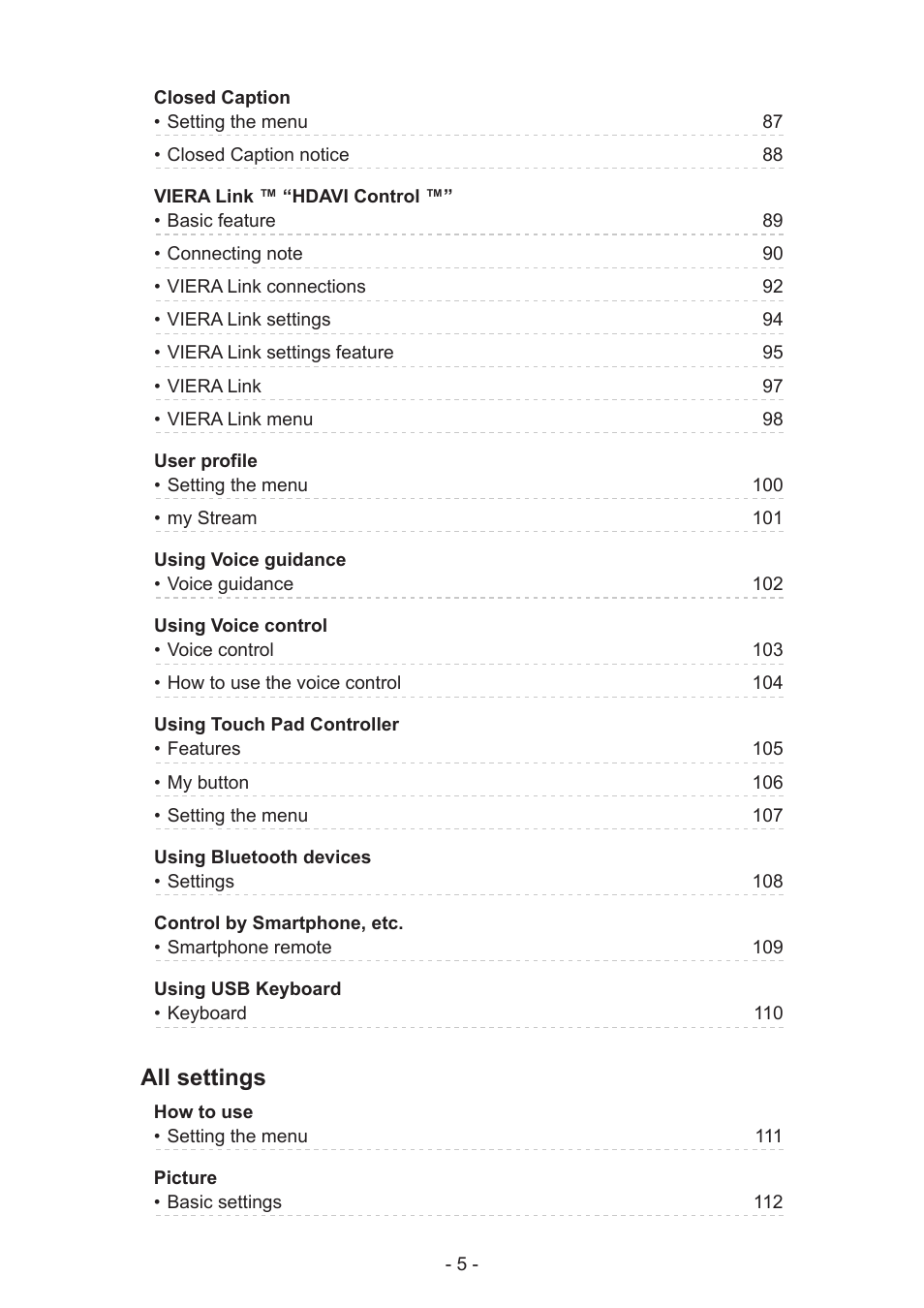 All settings | Panasonic TC-60AS640U User Manual | Page 5 / 171