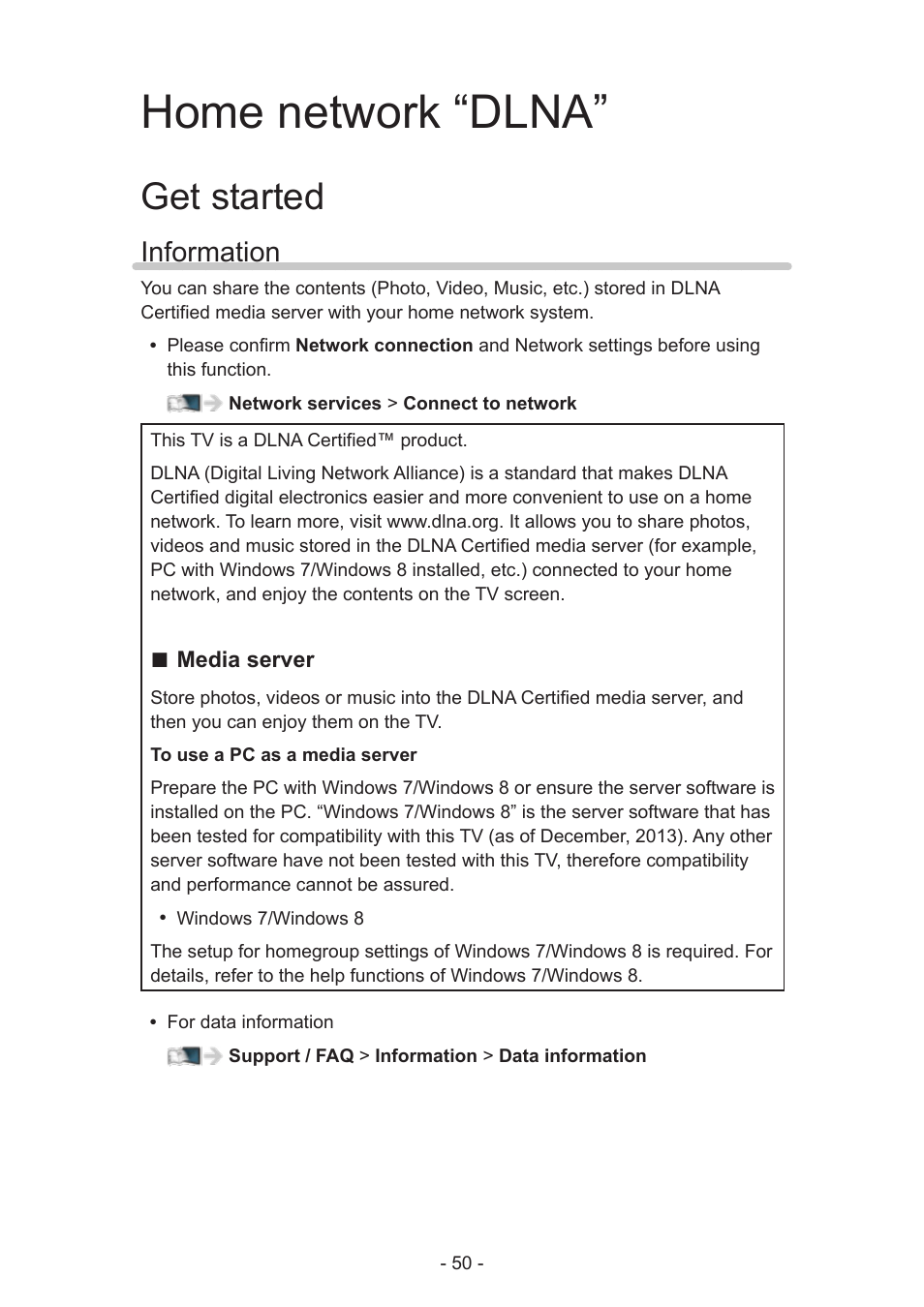 Home network “dlna, Get started, Information | Information 50 | Panasonic TC-60AS640U User Manual | Page 50 / 171