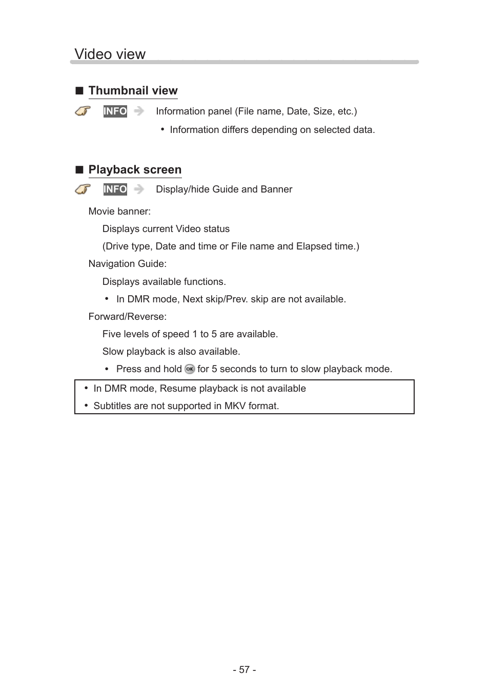 Video view, Thumbnail view, Playback screen | Panasonic TC-60AS640U User Manual | Page 57 / 171
