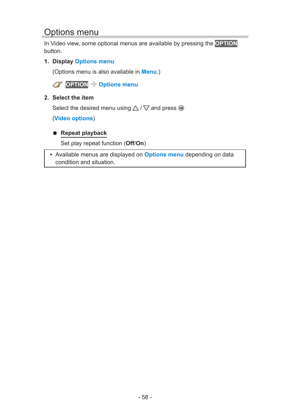 Options menu, Options menu 58 | Panasonic TC-60AS640U User Manual | Page 58 / 171