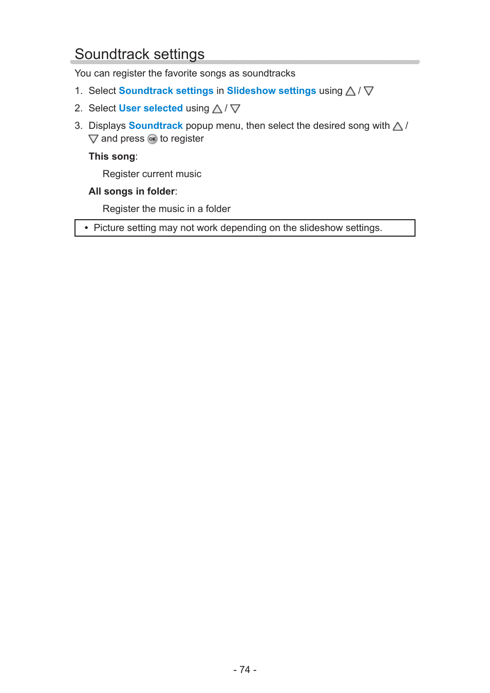 Soundtrack settings, Soundtrack settings 74 | Panasonic TC-60AS640U User Manual | Page 74 / 171