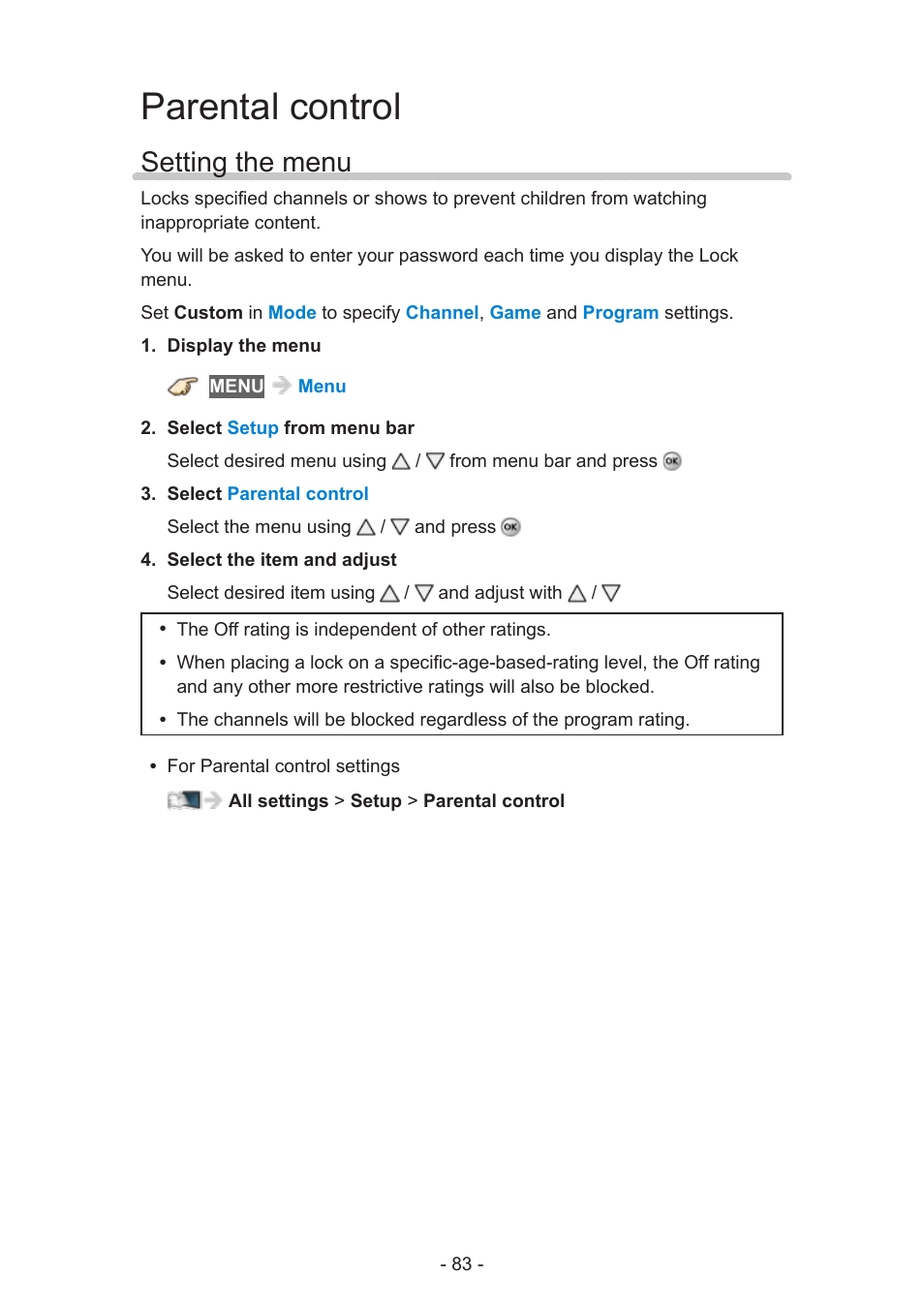 Parental control, Setting the menu | Panasonic TC-60AS640U User Manual | Page 83 / 171