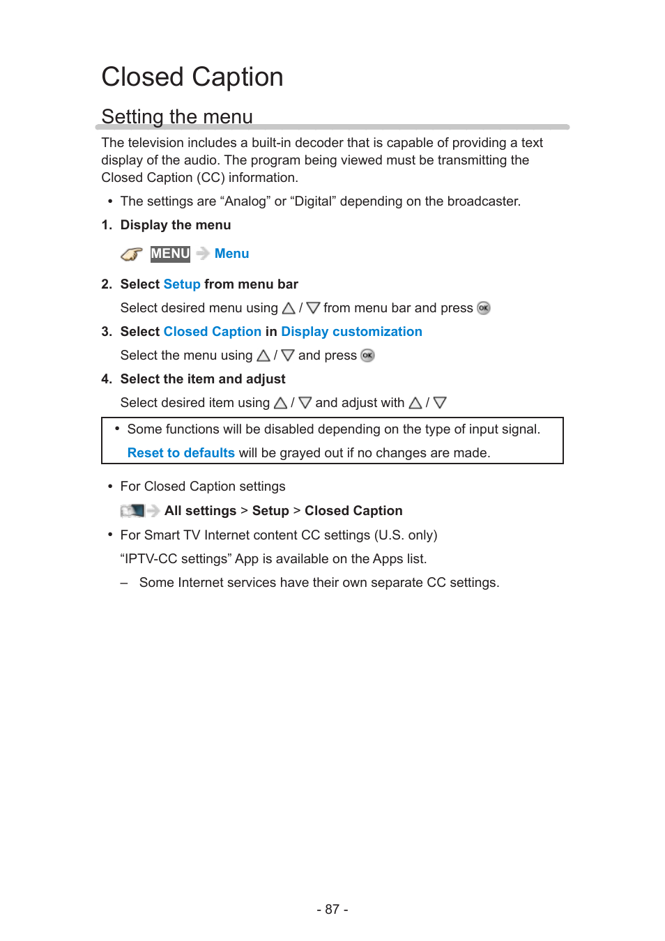 Closed caption, Setting the menu | Panasonic TC-60AS640U User Manual | Page 87 / 171