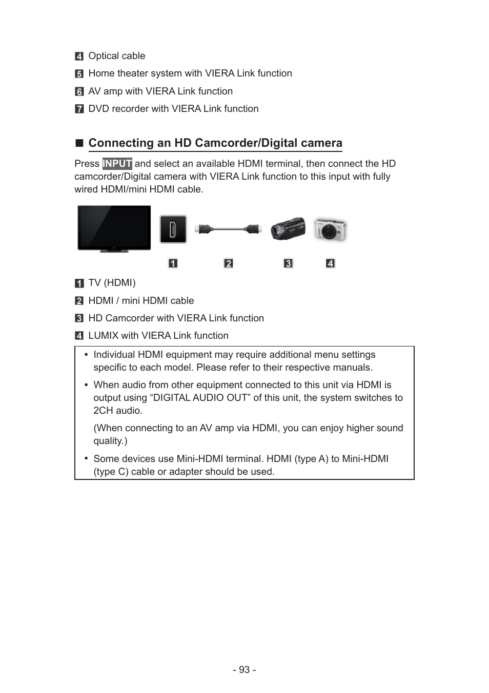 Connecting an hd camcorder/digital camera | Panasonic TC-60AS640U User Manual | Page 93 / 171