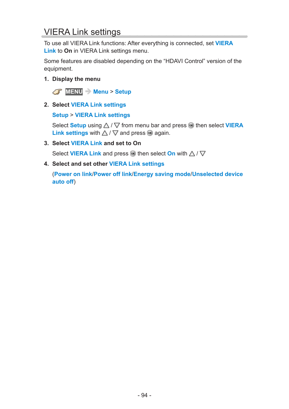 Viera link settings | Panasonic TC-60AS640U User Manual | Page 94 / 171