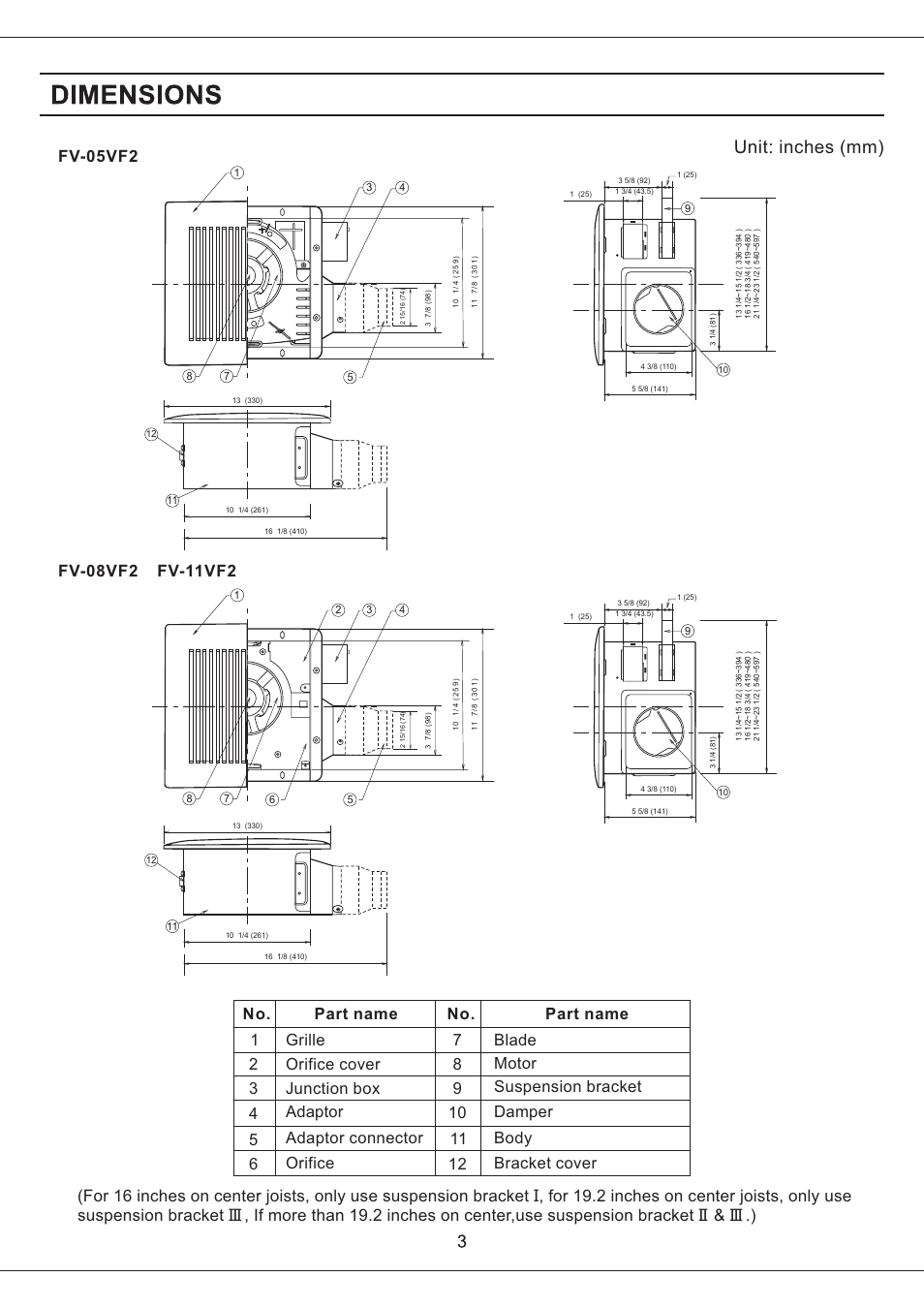 Unit: ( ) inches mm | Panasonic FV-08VF2 User Manual | Page 3 / 14