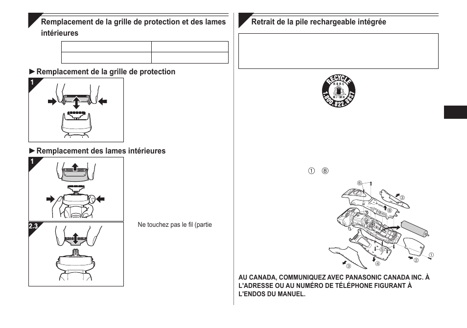 Remplacement de la grille de protection, Remplacement des lames intérieures, Retrait de la pile rechargeable intégrée | Panasonic ES-RW30-S User Manual | Page 11 / 24