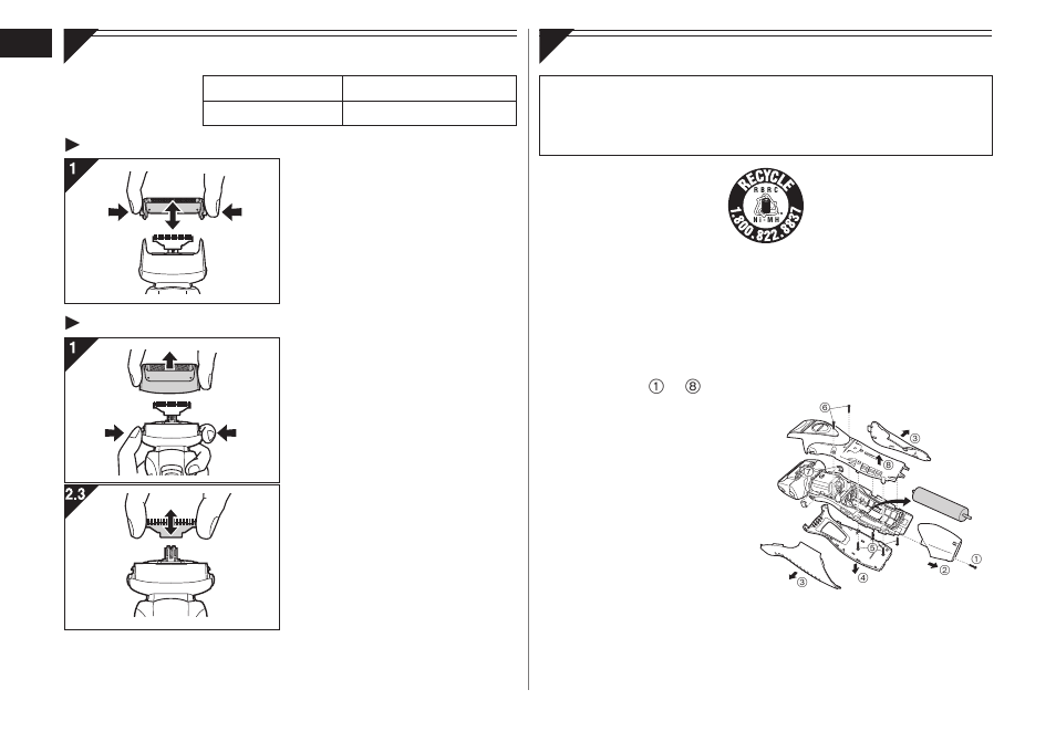 Replacingtheouterfoilandtheinnerblades, Replacingtheouterfoil, Replacingtheinnerblades | Removingthebuilt-inrechargeablebattery | Panasonic ES-RW30-S User Manual | Page 6 / 24