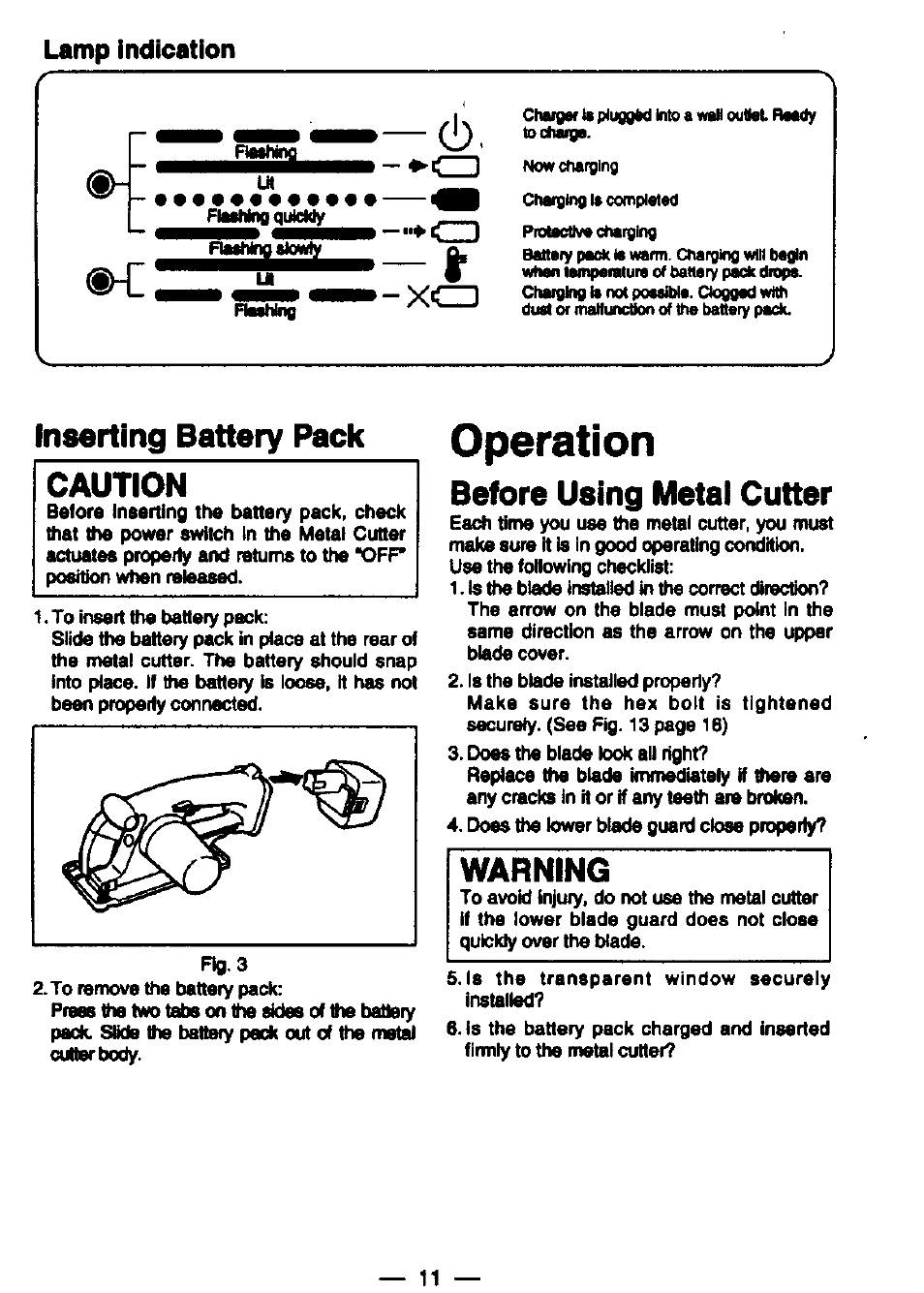 Before using metal cutter, Warning, Operation | C l ), Inserting battery pack, Caution, Lamp indication | Panasonic EY3530NQMKW User Manual | Page 10 / 18