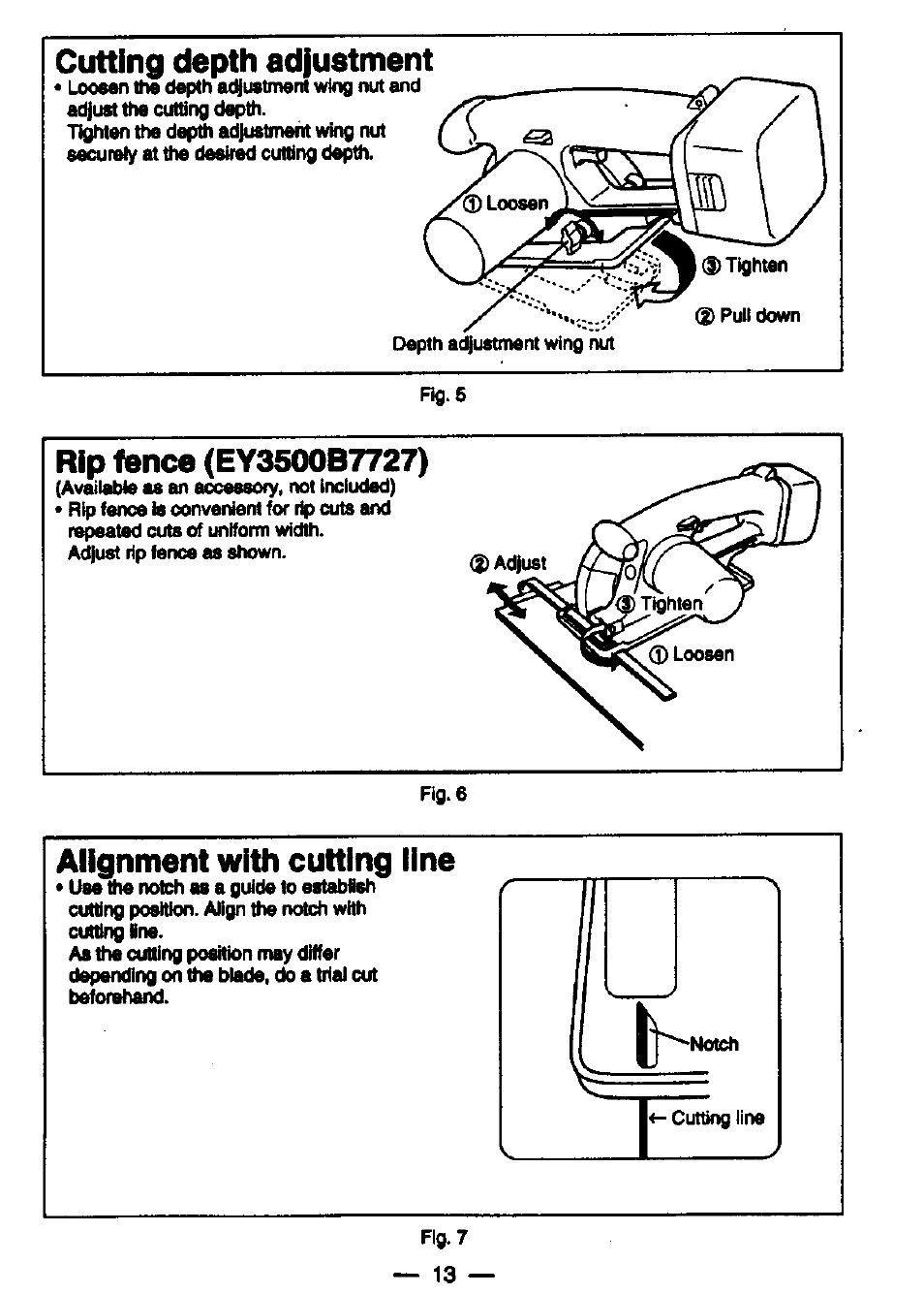 Cutting depth adjustment, Alignment with cutting line | Panasonic EY3530NQMKW User Manual | Page 12 / 18