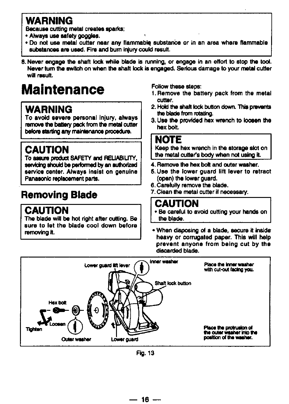 Warning, Maintenance, Removing blade | Note, Caution, Removing blade caution | Panasonic EY3530NQMKW User Manual | Page 15 / 18