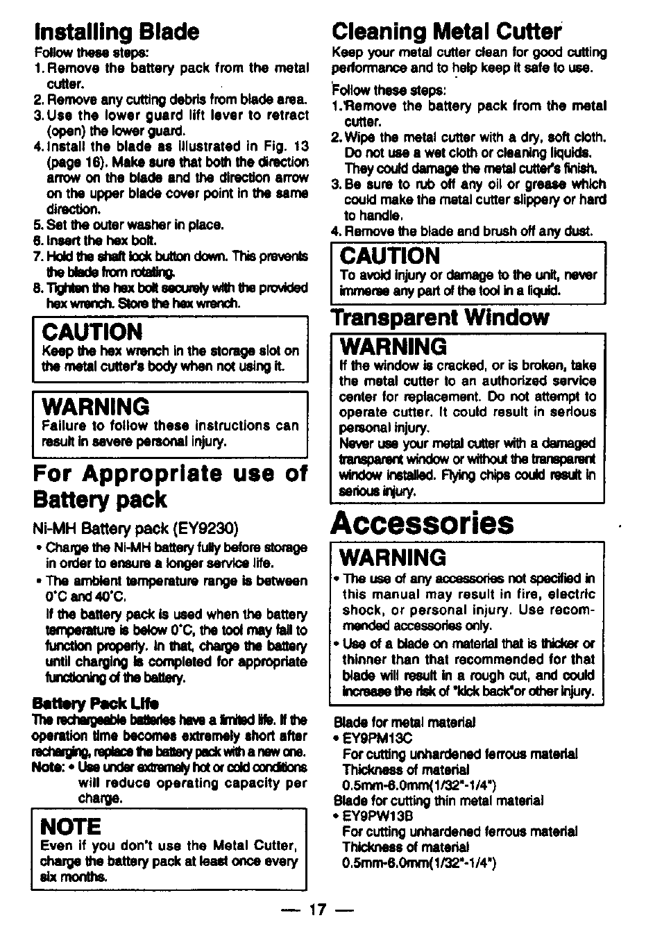 Installing blade, Caution, Warning | Cleaning metal cutter, Transparent window, Accessories, Battery pack life, For appropriate use of battery pack, Transparent window warning | Panasonic EY3530NQMKW User Manual | Page 16 / 18