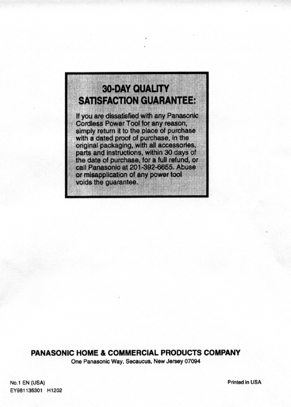 Panasonic home & commercial products company, Ifisblf ., 30-day quauty action guarantee | Panasonic EY3530NQMKW User Manual | Page 18 / 18